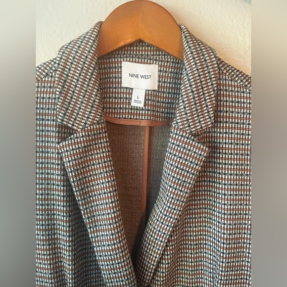 Nine West Long Blazer Orange Black and White Houndstooth Women’s Large L - Picture 2 of 7